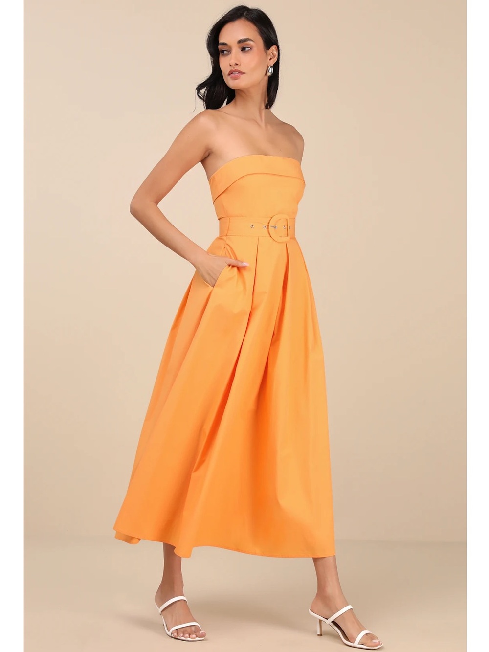 Lulus Trendsetting Choice Orange Strapless Pockets Cotton Midi Dress Large